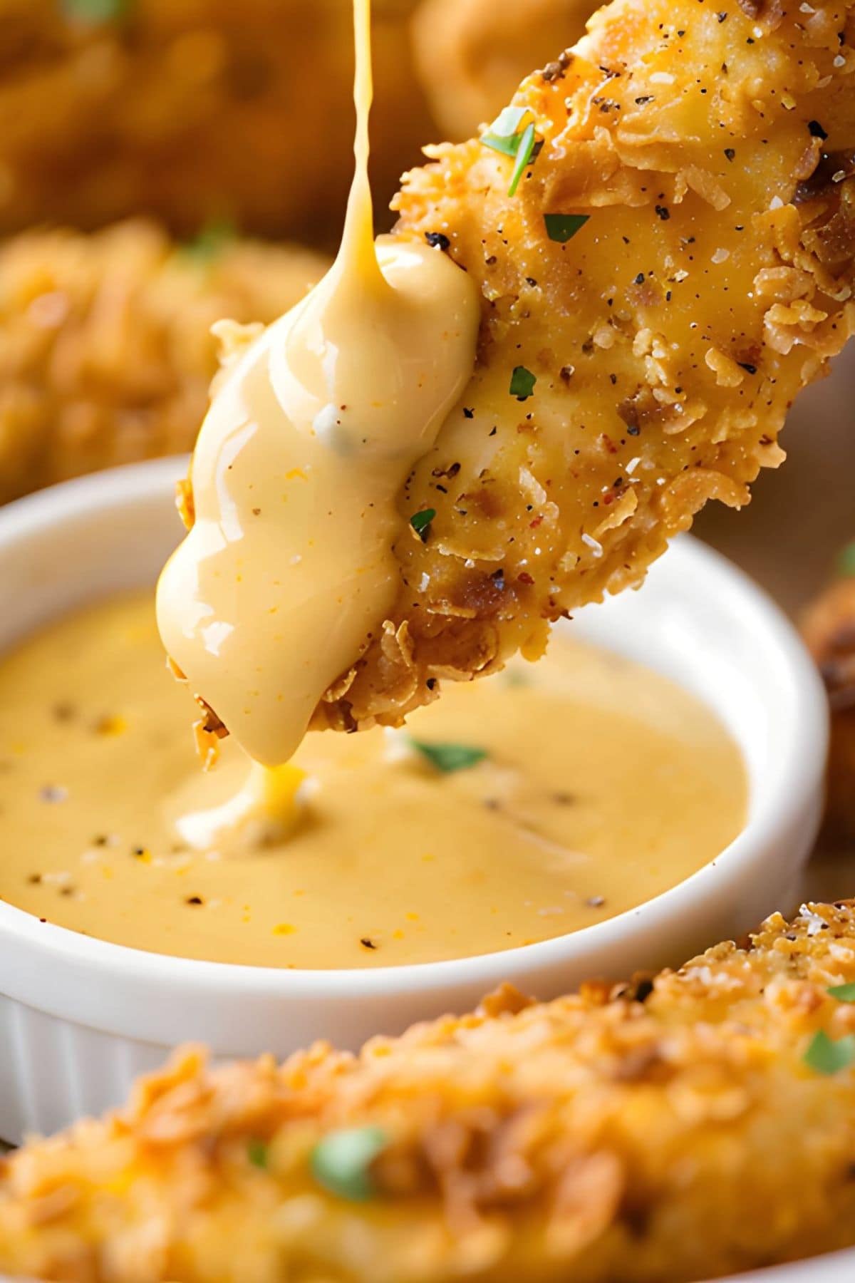Close Up of Chicken Tender Being Dipped in Honey Mustard