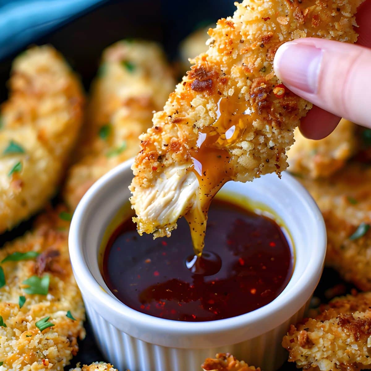 Close Up of Crispy Chicken Tender Being Dipped into a Ramekin of Barbecue Sauce