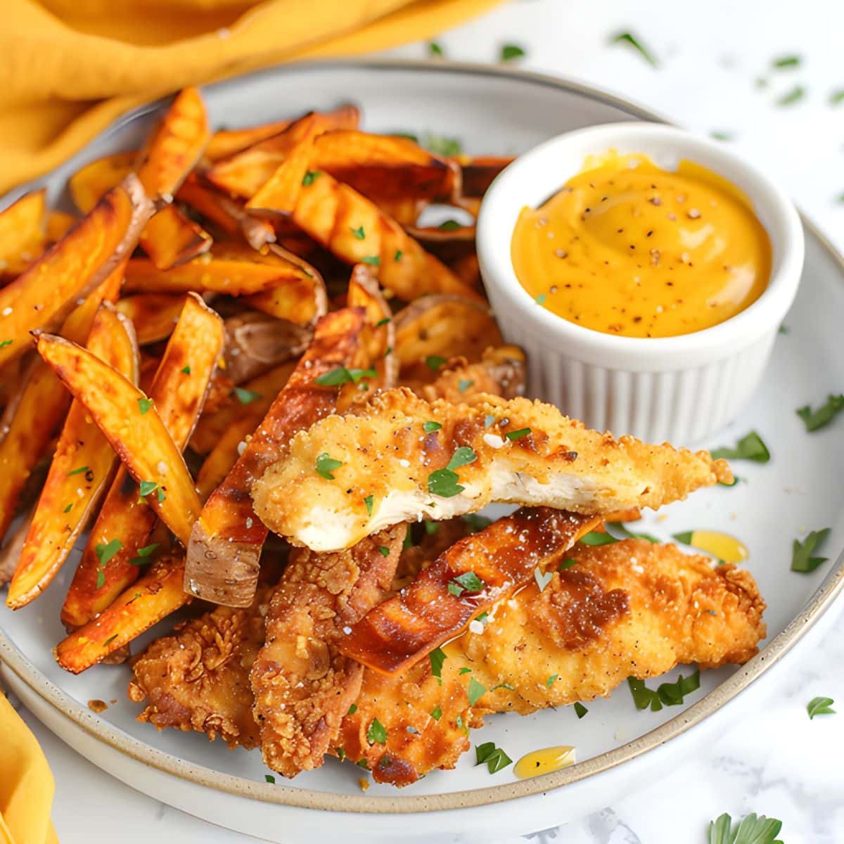 Chicken Tenders on a Plate with Sweet Potato Fries and a Ramekin of Honey Mustard with a Mustard Yellow Kitchen Towel