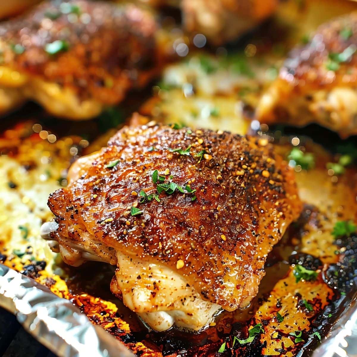 Super Close up of Well-Seasoned Crispy-Skinned Baked Chicken Thigh on a Baking Tray 