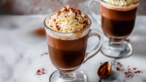 Irresistible Kahlua hot chocolate topped with a mountain of whipped cream and cocoa powder