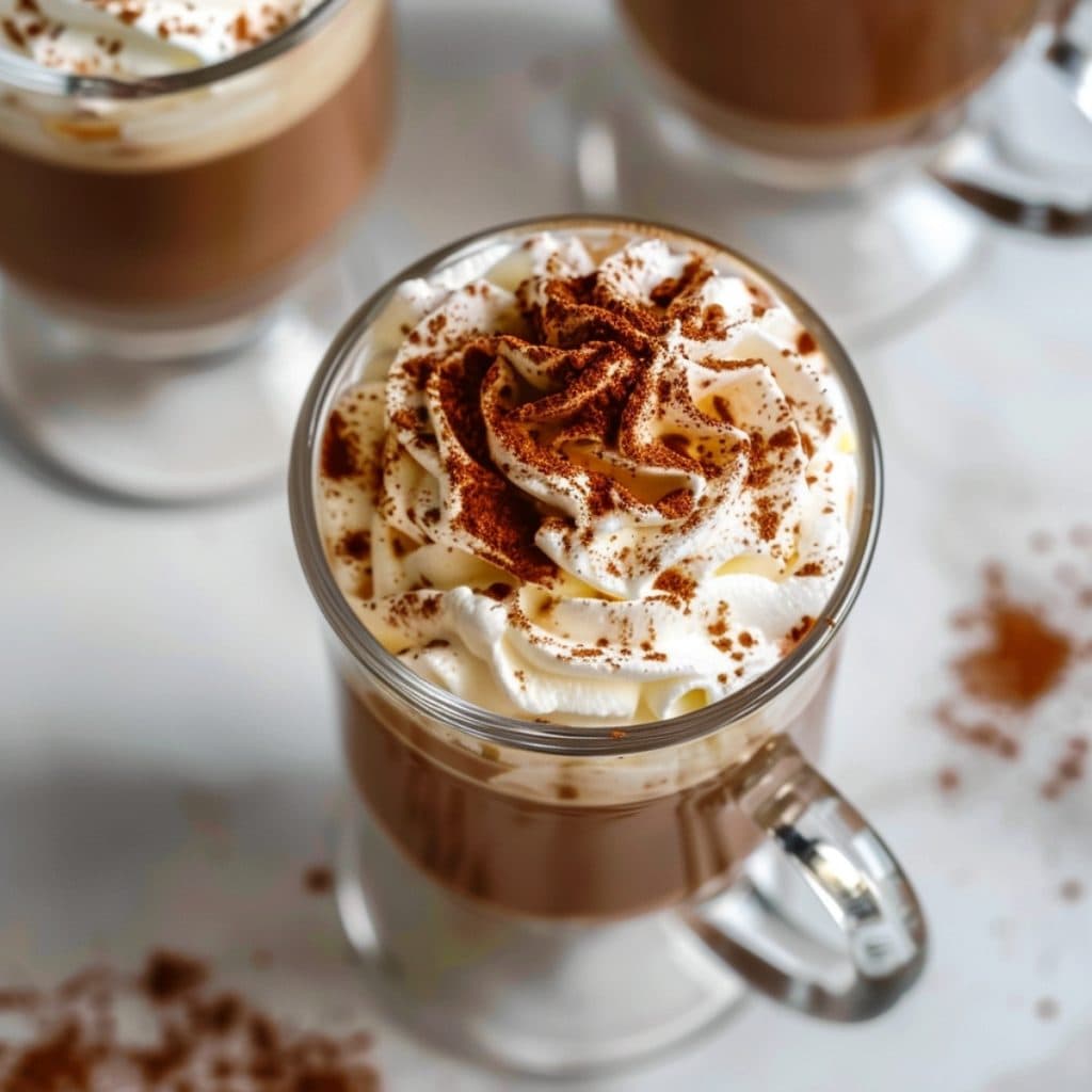 Three mugs of hot chocolate topped with whipped cream and sprinkled with cocoa powder sit on a marble surface