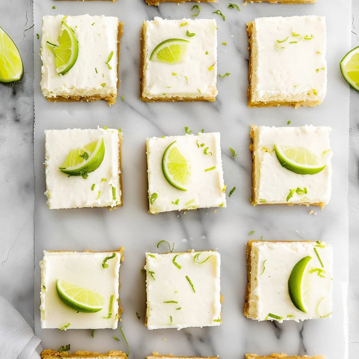 Creamy and silky key lime pie bars on a white marble countertop with lime slices on top, top down view