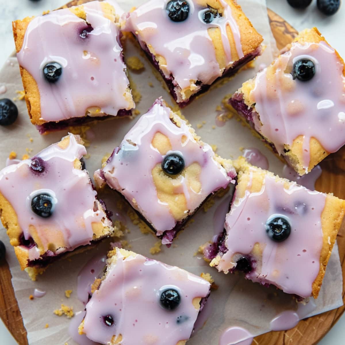 Top view of square slices of lemon blueberry blondies in a wooden board drizzled with glaze.