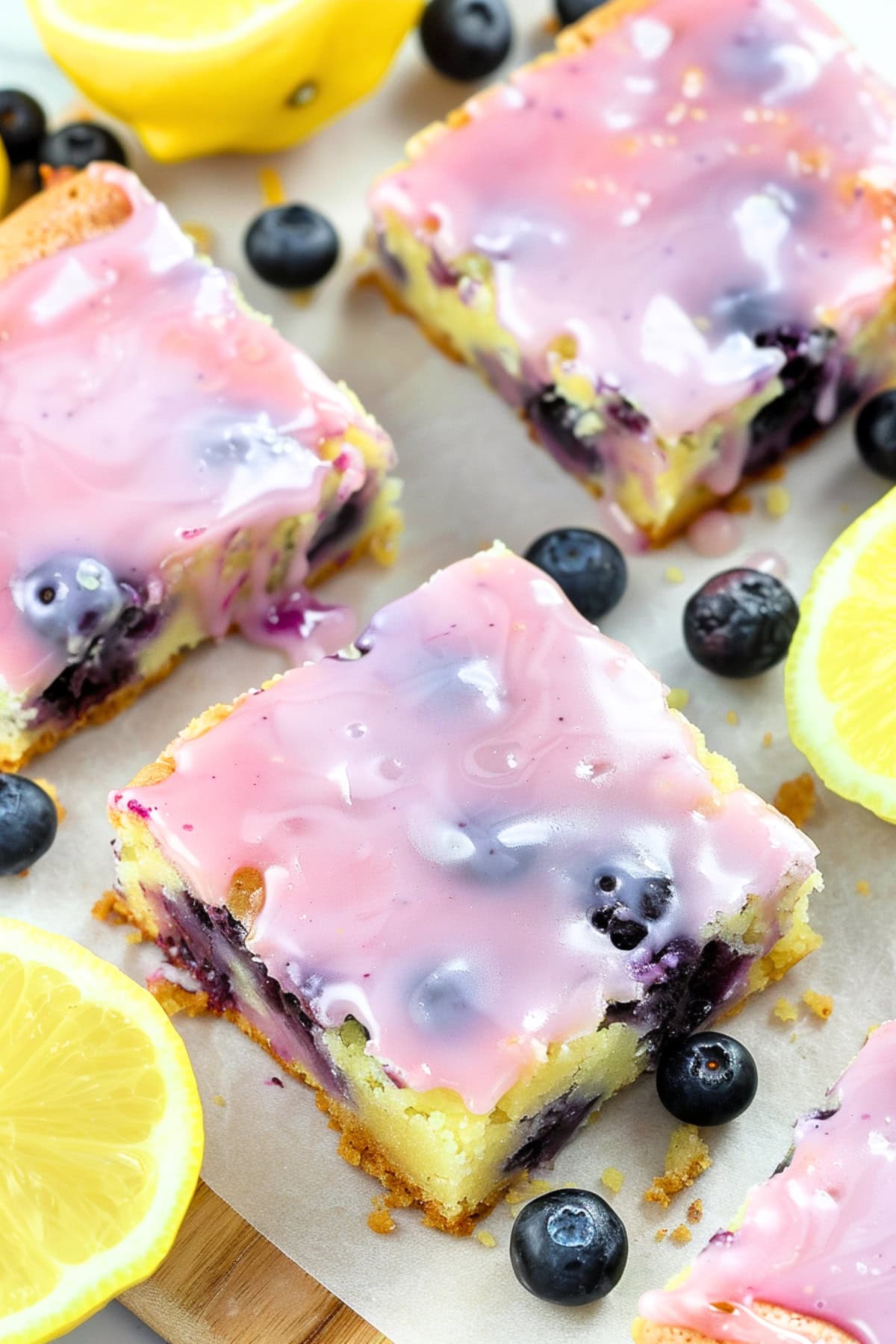 Lemon berry cheesecakes on parchment paper with fresh lemons and blueberries.