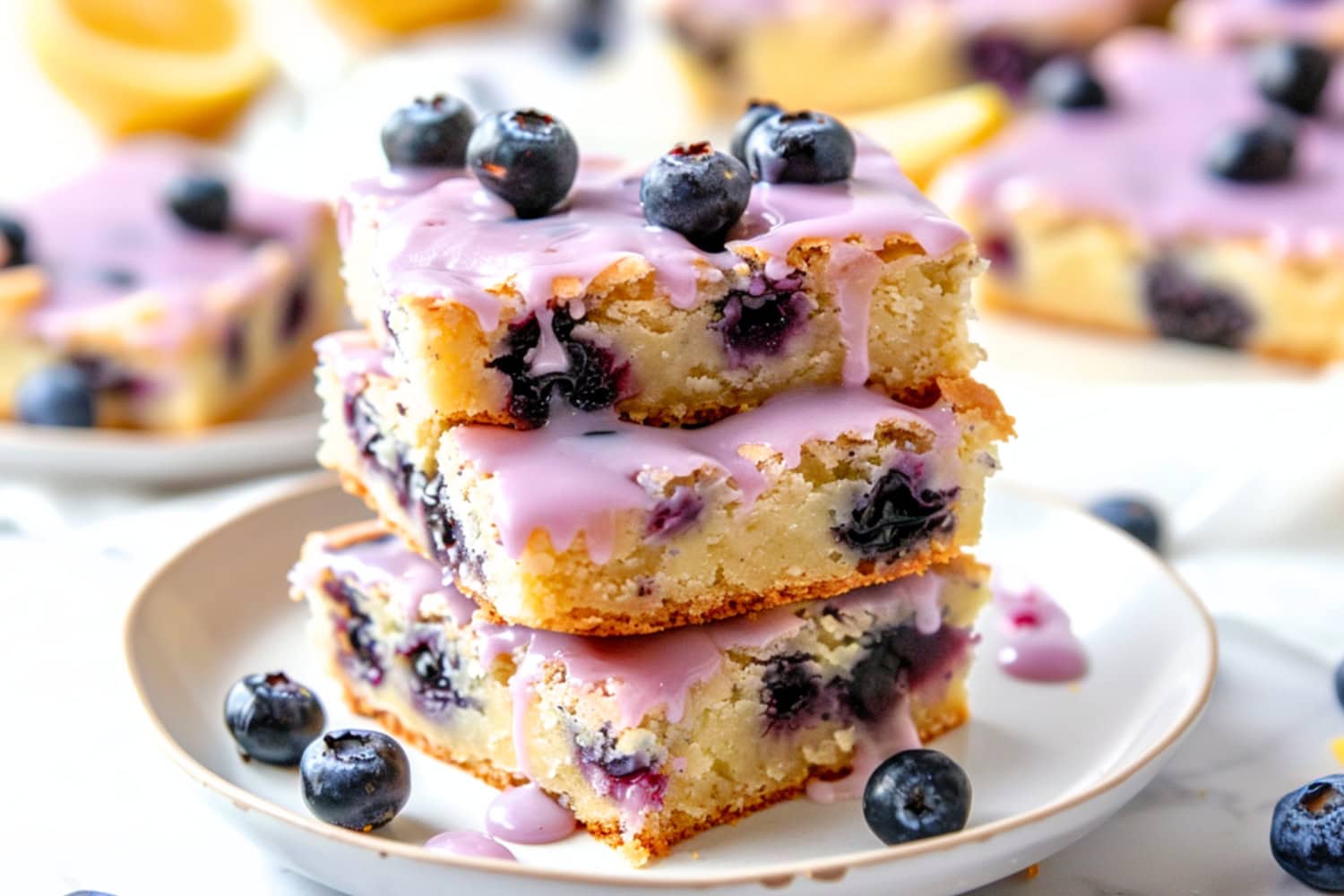 Slices of lemon blueberry blondies in a stacked in a saucer drizzled with light purple glaze.