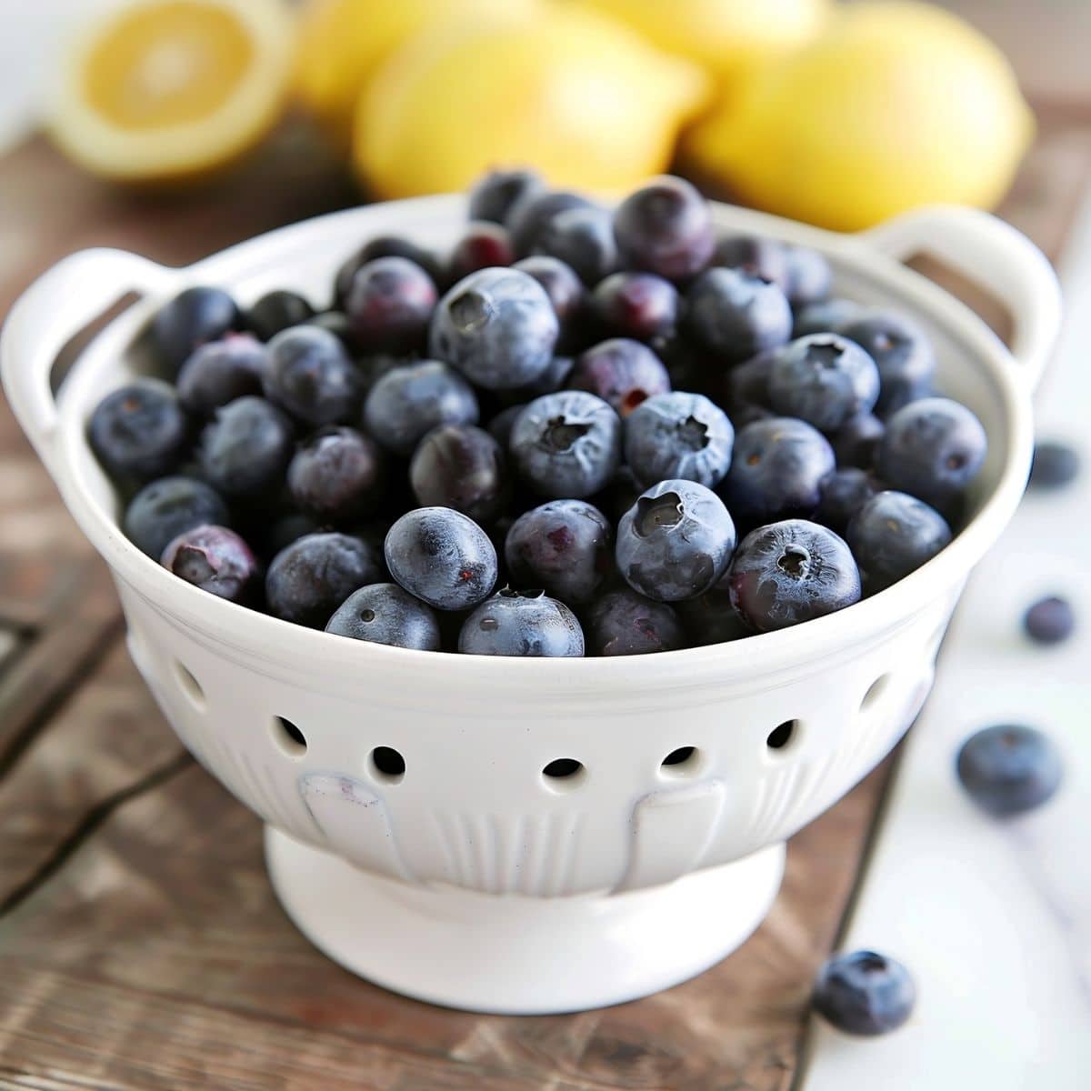 Colander of Blueberries on a Wooden Cutting Board with Lemons in the Background