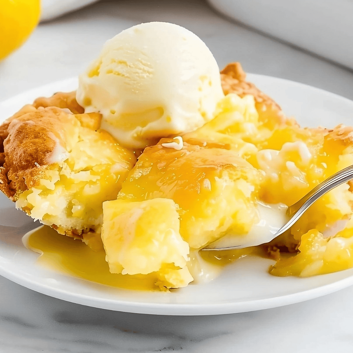 Serving of lemon cobbler in a white plate with a scoop of vanilla ice cream.