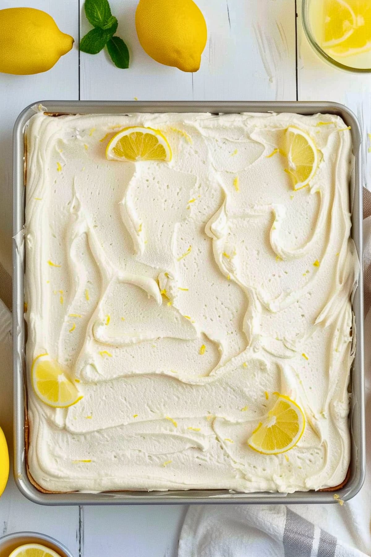 Whole lemon crazy cake in a baking pan.