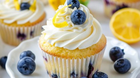 Lemon blueberry cupcake in a plate topped with buttercream frosting.