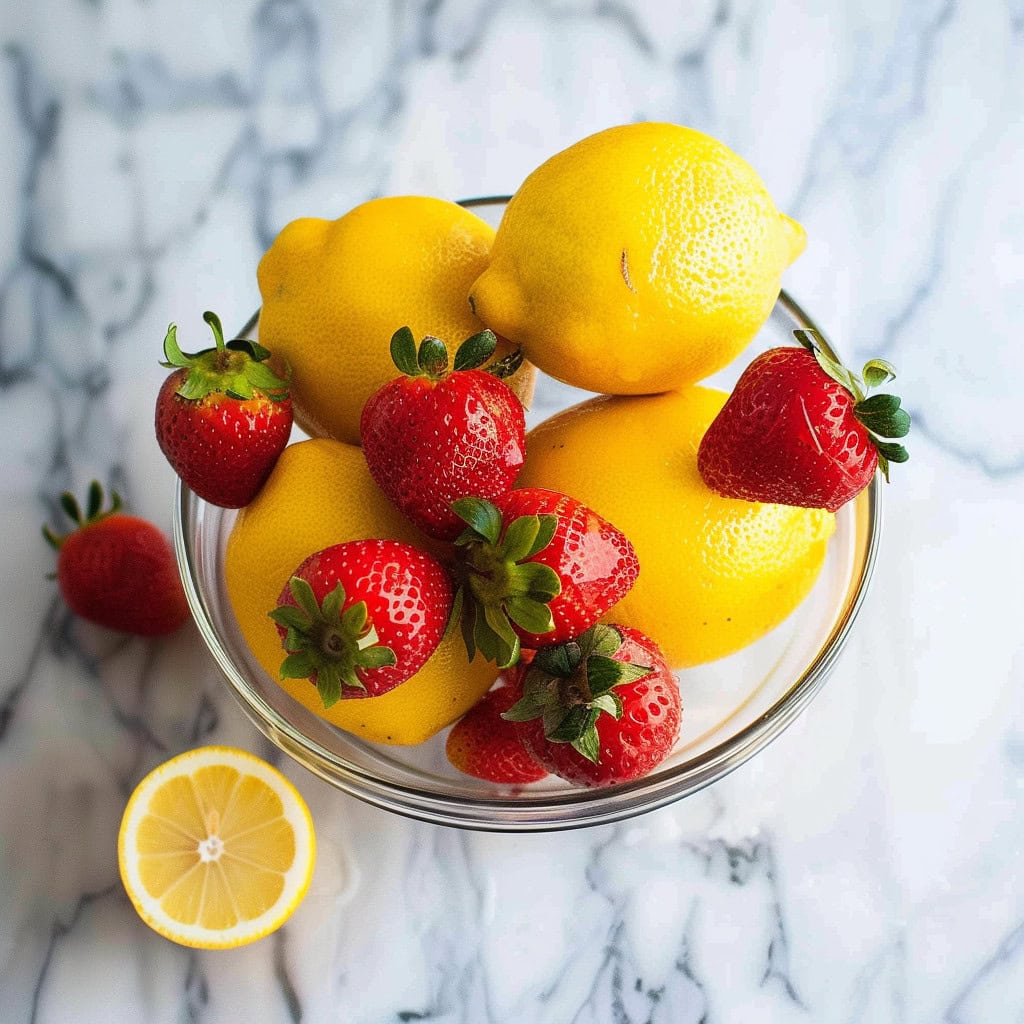 A glass bowl of fresh strawberries and lemons on a white marble countertop