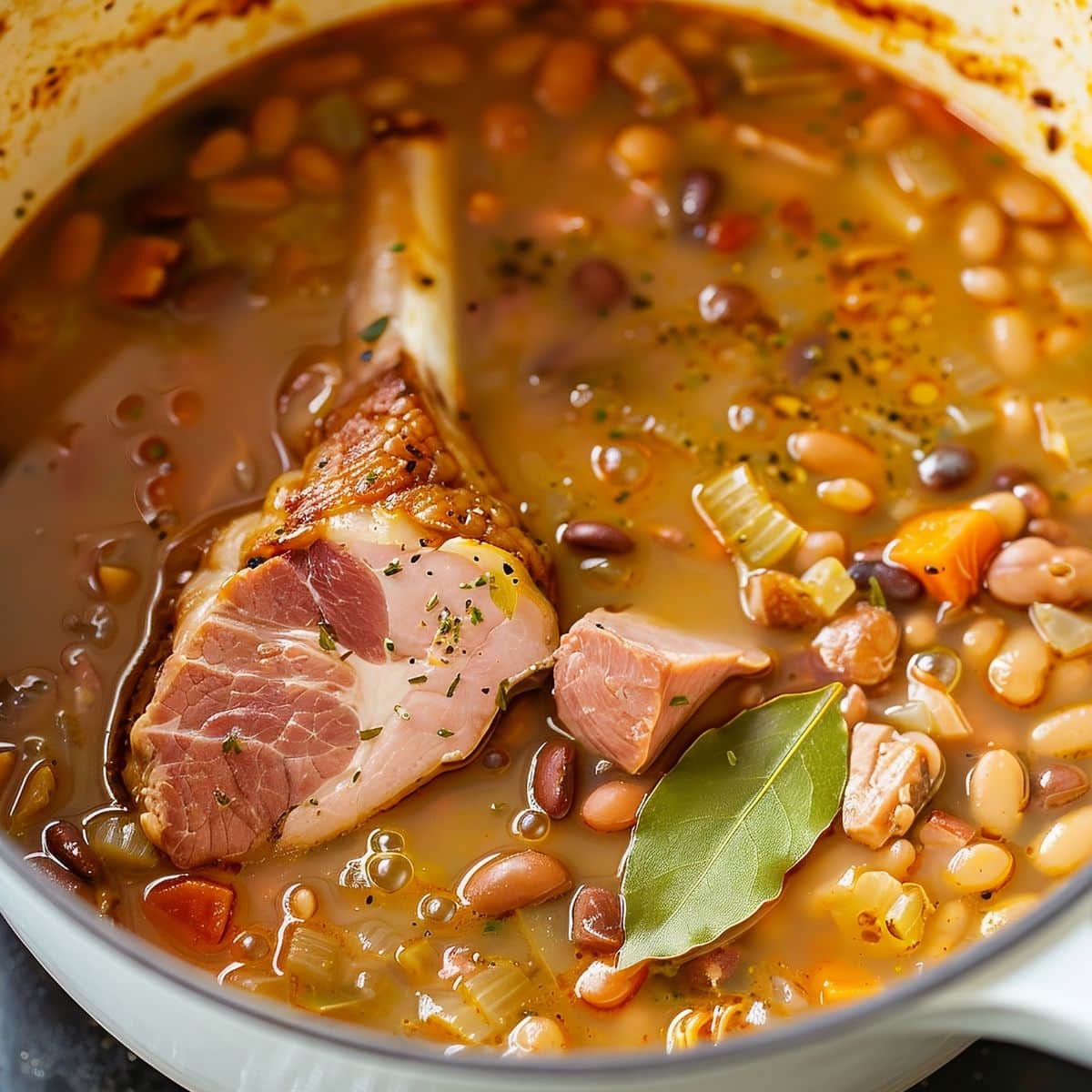 Old-Fashioned Ham and Bean Soup Cooking in a Stock Pot with a Bone-In Ham Hock, Chunks of Ham, Beans, Carrots, Onions, Celery, and a Bay Leaf