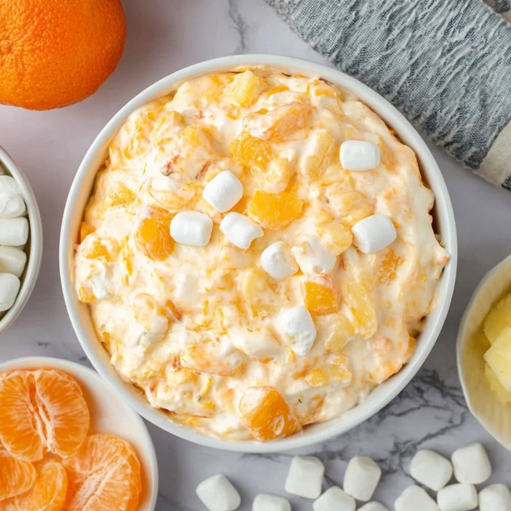 Top view of a bowl of Orange Fluff Salad, surrounded with mandarins, pineapple chunks, and marshmallows.