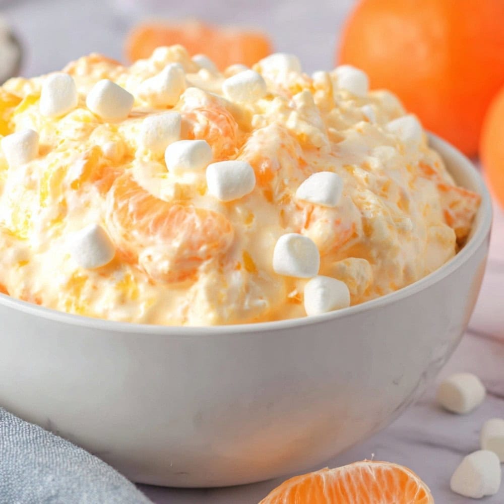 A big bowl of Orange Fluff Salad piled with mandarin slices and mini marshmallows