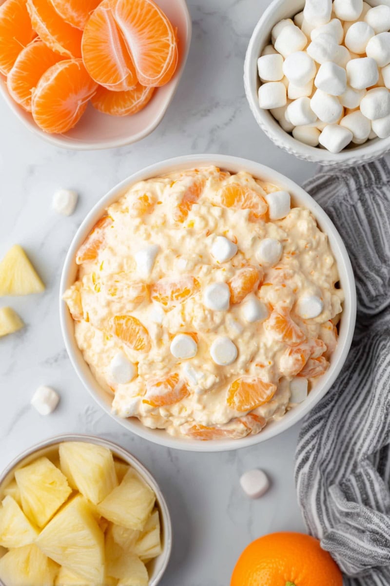 A bowl of Orange Fluff Salad surrounded by fresh mandarins, pineapple chunks, and marshmallows.