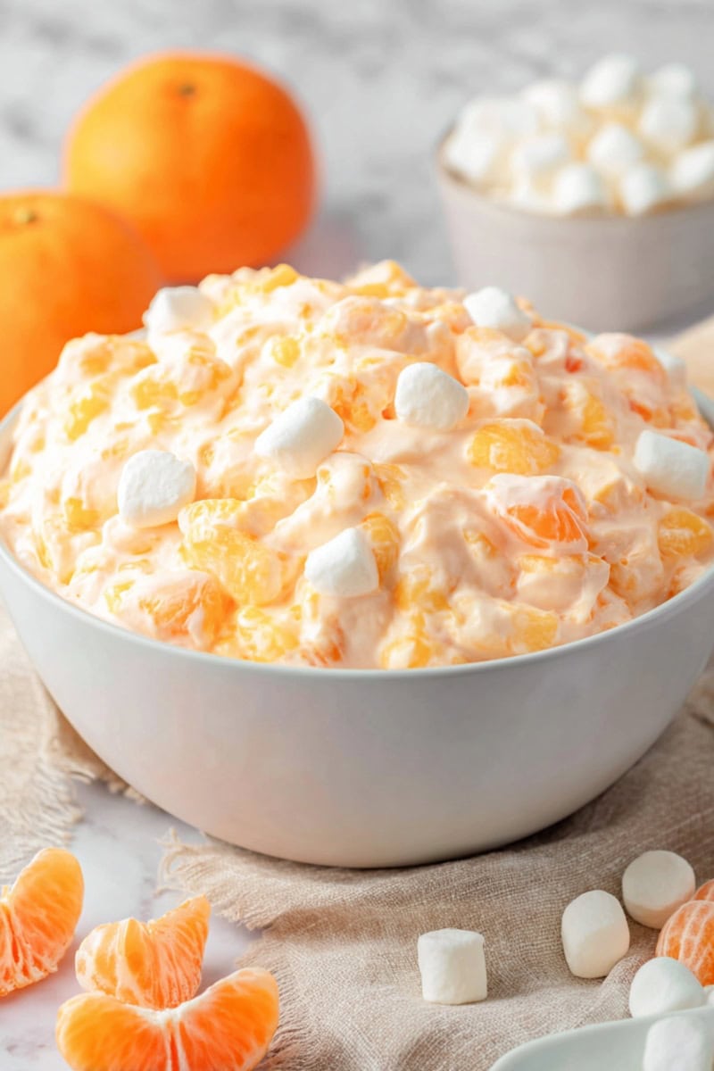 Orange Fluff Salad, loaded with juicy mandarin slices and mini marshmallows in a bowl.
