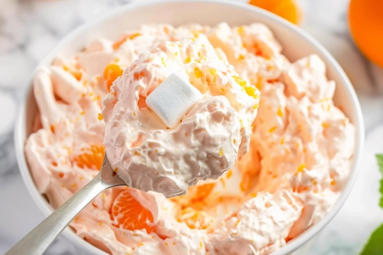 Orange fluff salad in a white bowl scooped with a spoon.