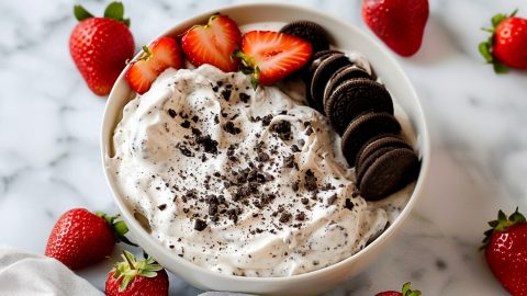 Oreo dip served in a festive bowl, topped with crushed cookies and fresh strawberries