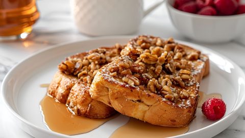 Two Slices of Paula Deen's French Toast with Pecan Praline Topping and Maple Syrup on a White Plate with Coffee and a Bowl of Raspberries in the Background