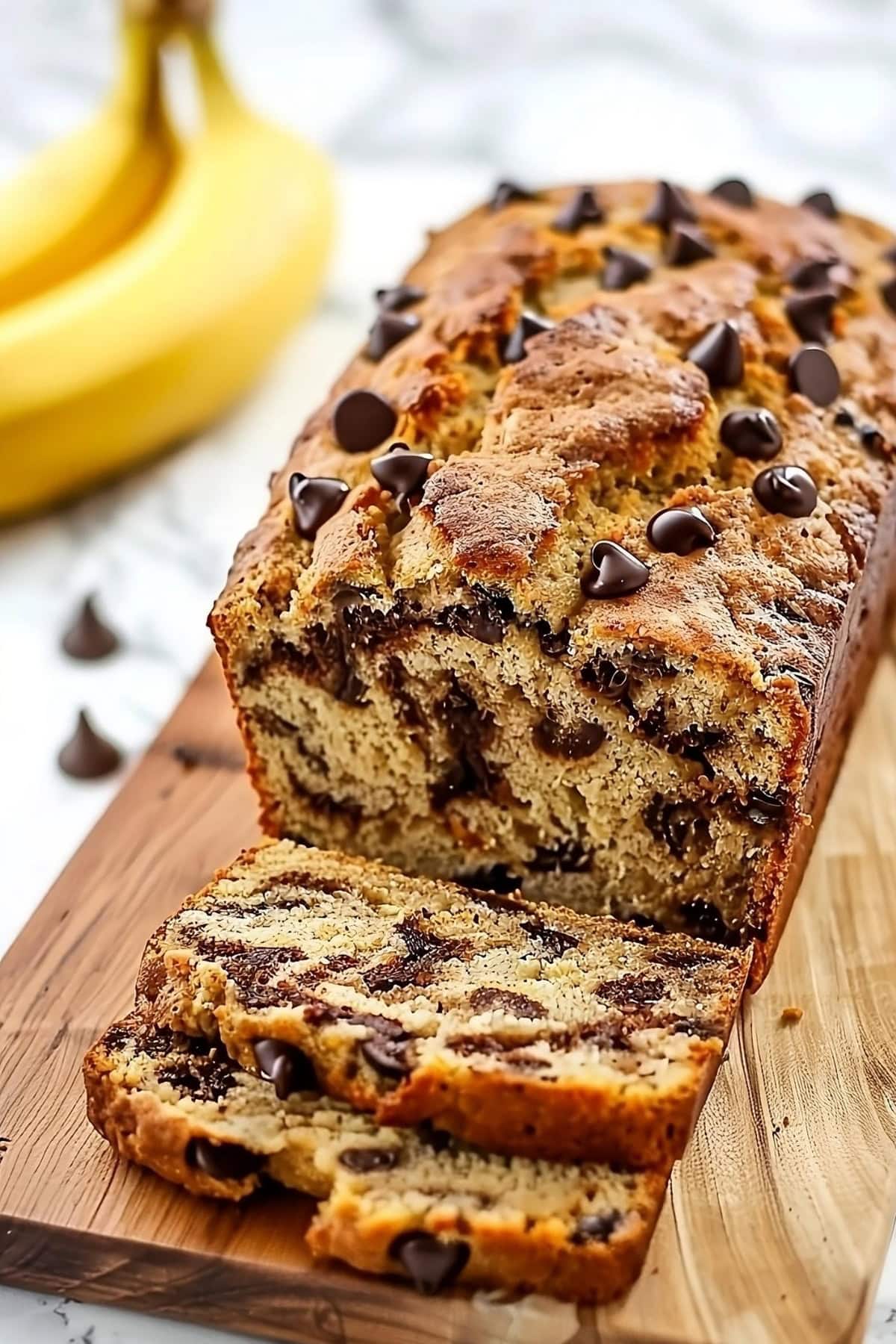 Sliced peanut butter banana loaf bread with chocolate chips on a wooden board.