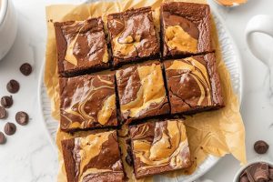 Slices of peanut butter brownies in a white plate.