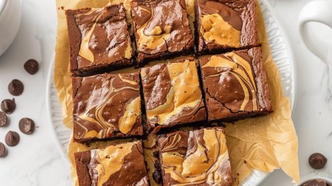 Slices of peanut butter brownies in a white plate.