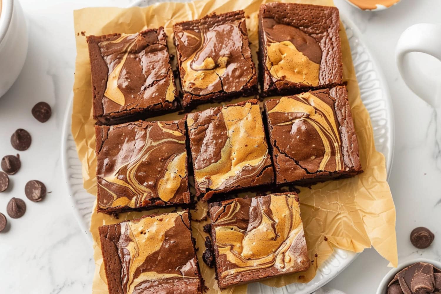 Slices of peanut butter brownies in a white plate.