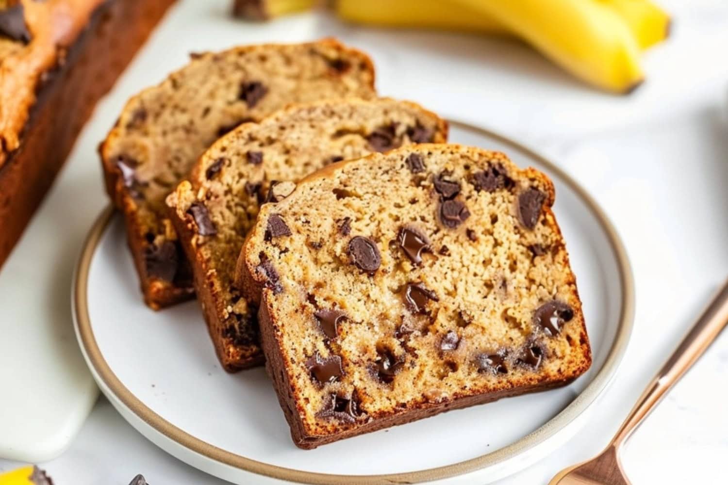 Slices of peanut butter banana bread with semi-sweet chocolate chips in a plate.