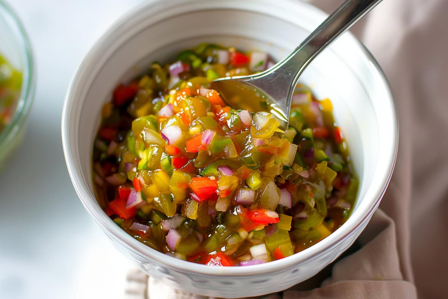 Appetizing homemade pepperoni relish with bell peppers and onions