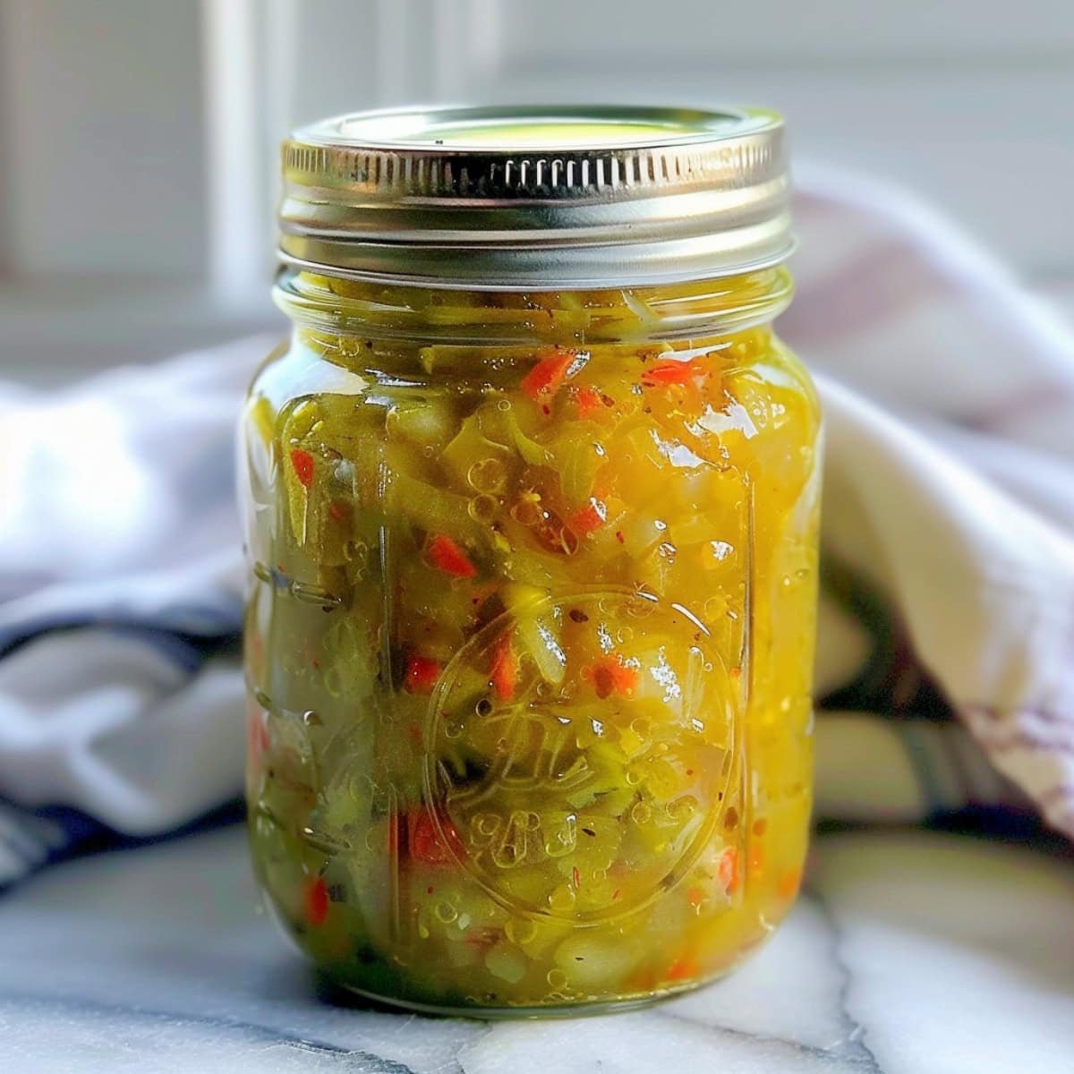Pepperoncini relish with bell and jalapeno peppers in a glass jar