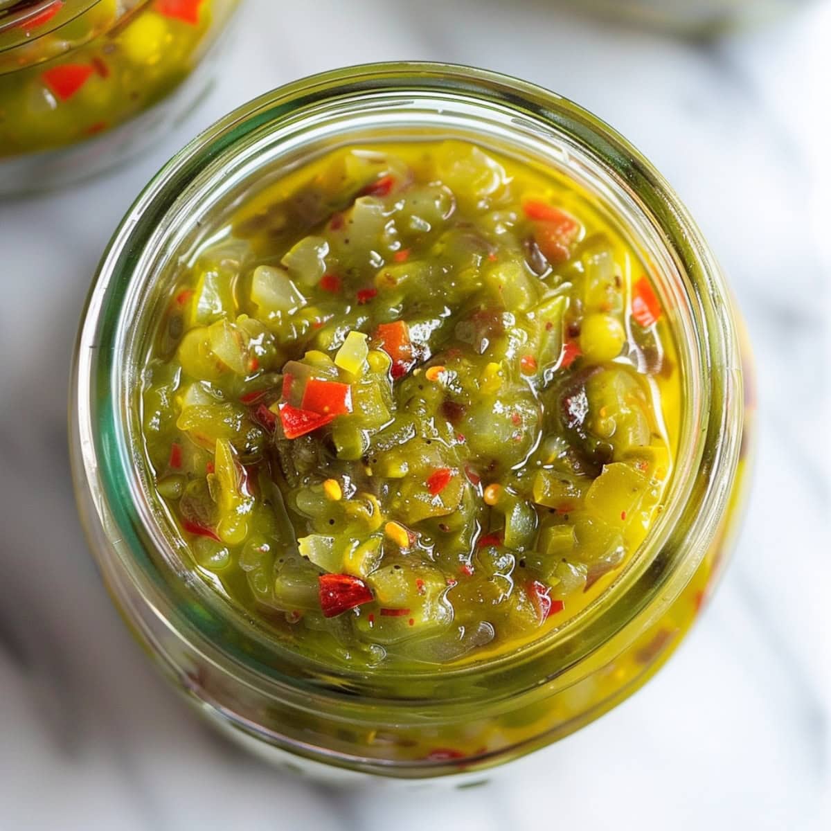 An open jar of homemade pepperoncini relish, with flecks of chopped red peppers