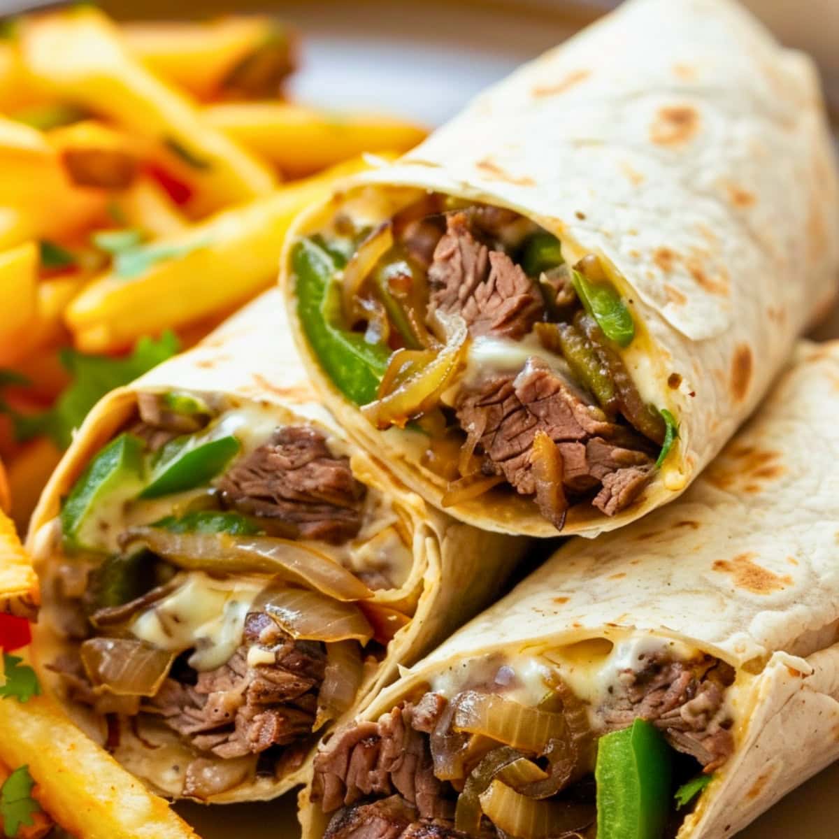 Stack of taco wrap with sauteed steak, cheese and bell pepper filling.