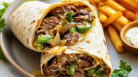 Philly cheesesteak wrap on a plate with dipping sauce and fries on the side.