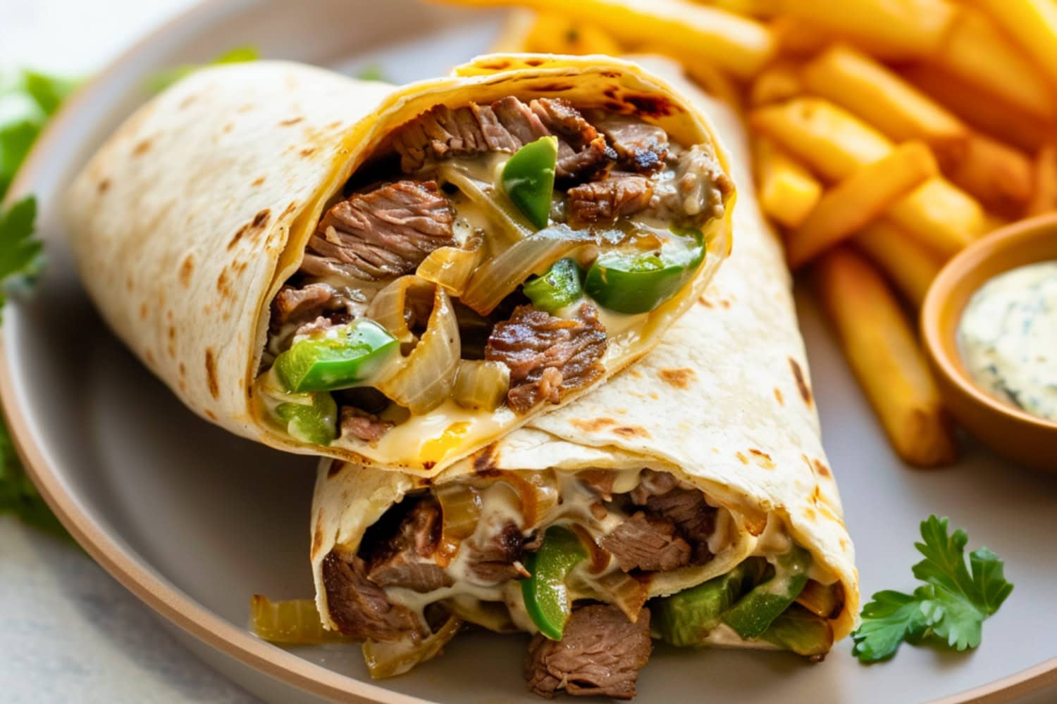 Philly cheesesteak wrap on a plate with dipping sauce and fries on the side.