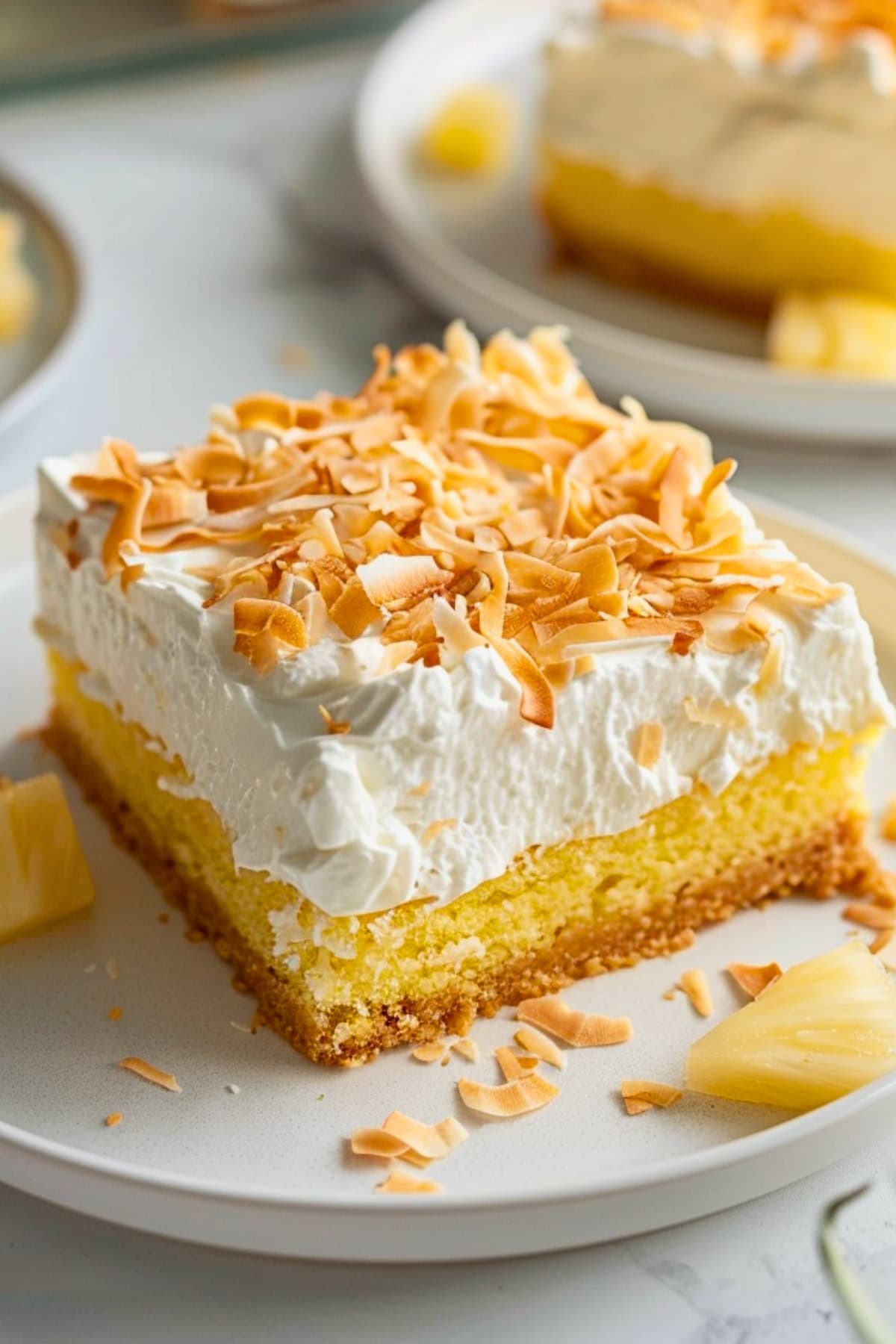 Slice of pina colada poke cake with whipped cream, garnished with toasted coconut on top.