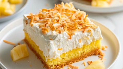 Square slice of pina colada poke cake in a white plate garnished with toasted coconut shavings.