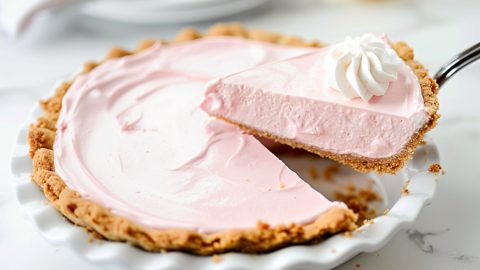 A portion of a pink lemonade pie being lifted by a pie ladle.