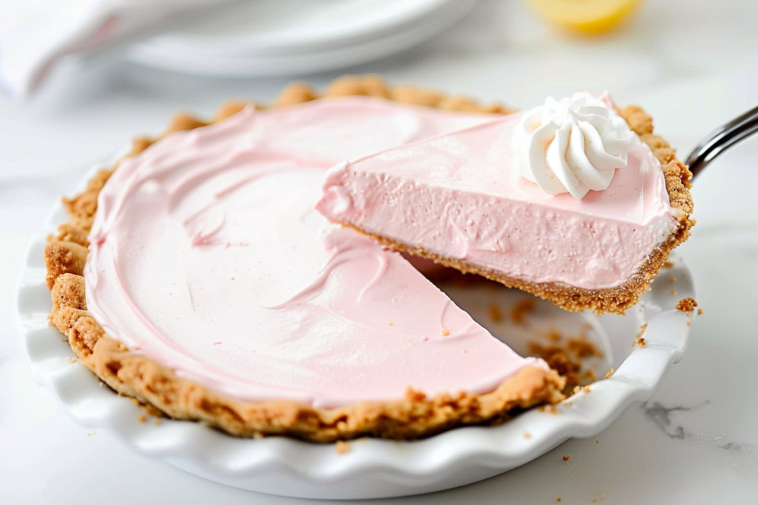 A portion of a pink lemonade pie being lifted by a pie ladle.
