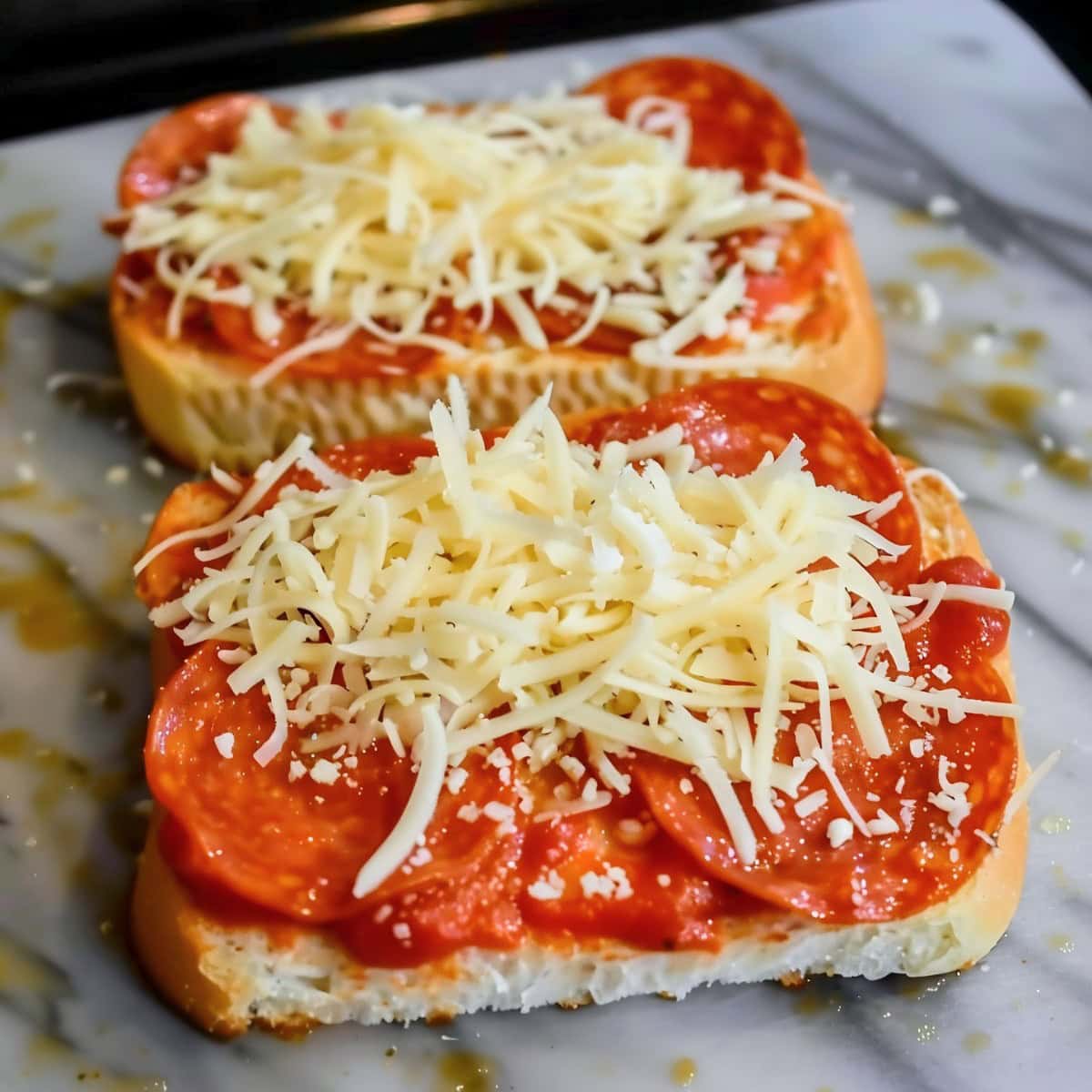Two slices of bread topped with pepperoni, cheese and marinara sauce