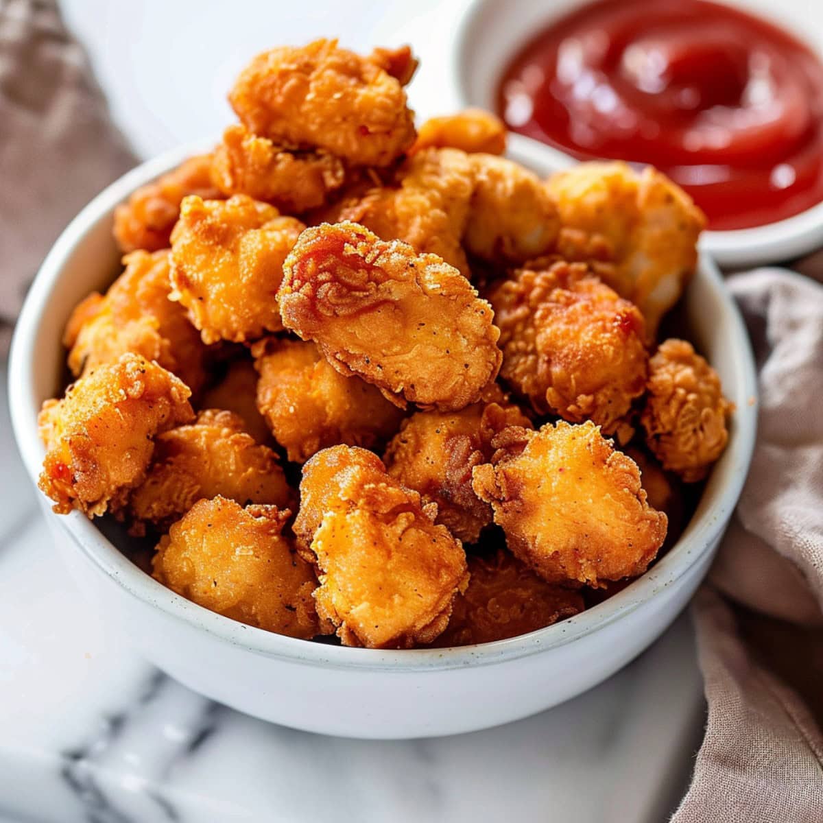Appetizing homemade popcorn chicken in a bowl served with ketchup