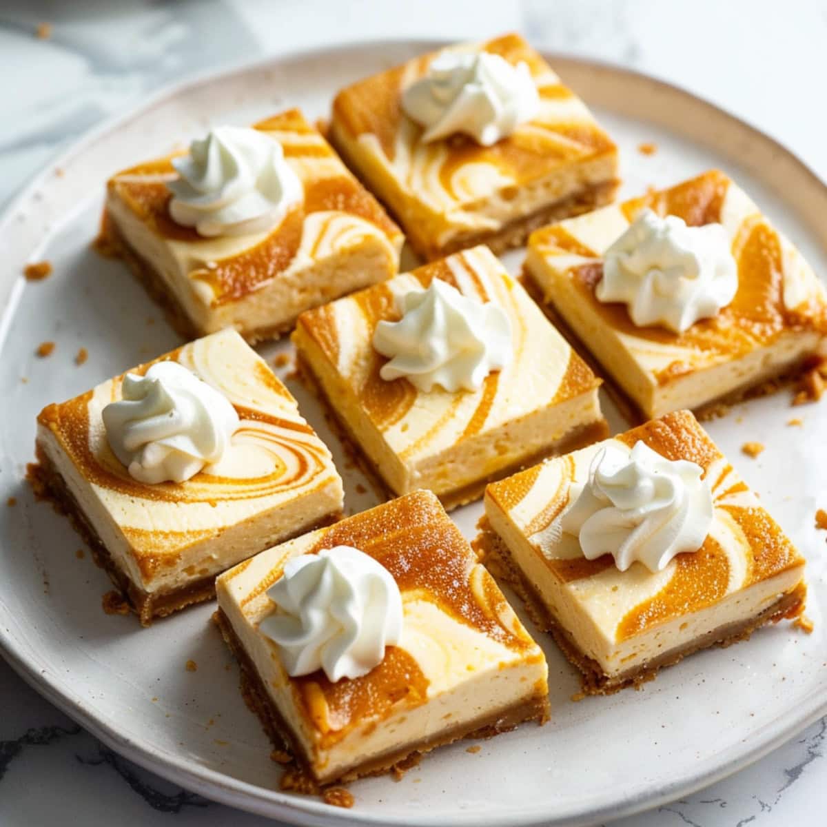 Square of pumpkin cheesecake bars on plate with whipped cream.