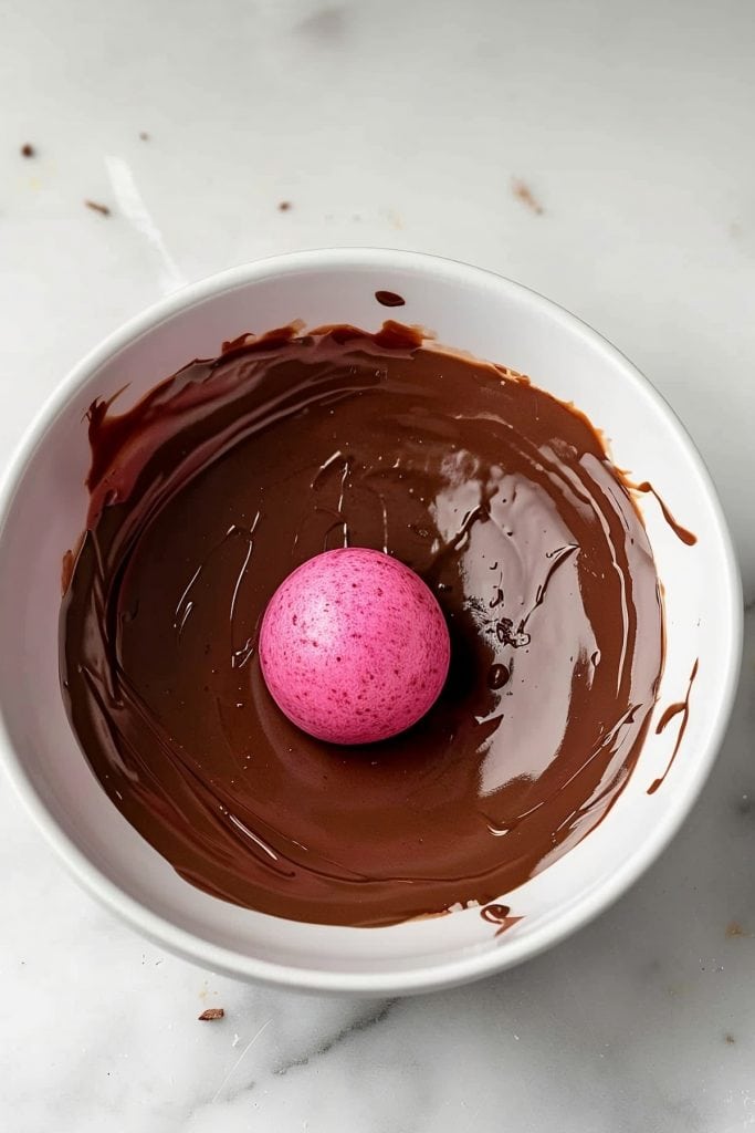 A pink raspberry and white chocolate truffle ball in a bowl of melted chocolate, overhead view