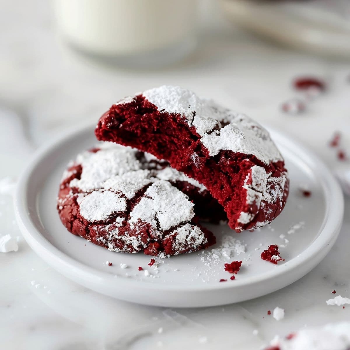Close Up of Two Red Velvet Crinkle Cookies with Powdered Sugar on a Plate with a Bite Out of It