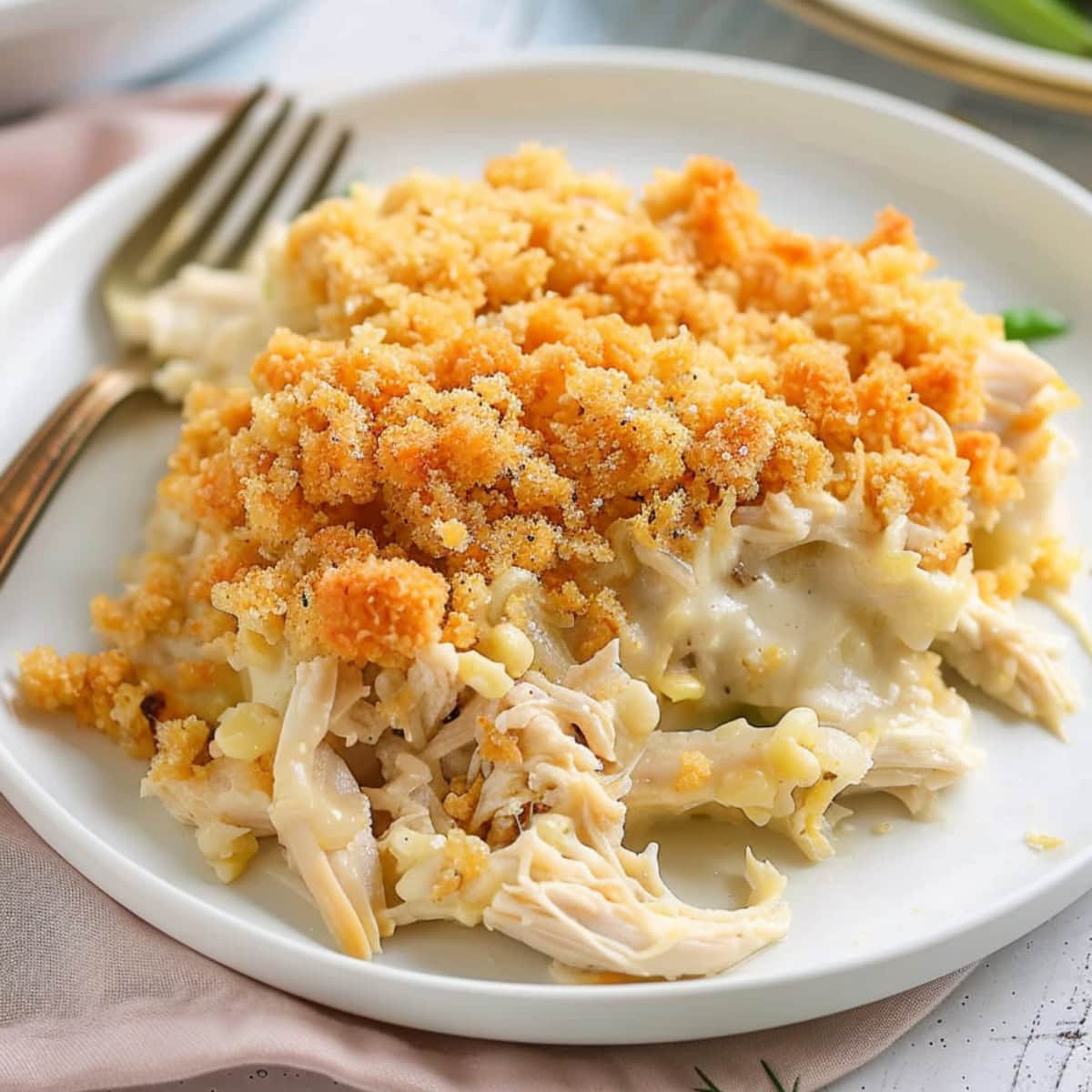 A serving of creamy chicken casserole in a white plate with fork on the side.