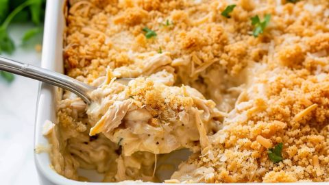 Ritz cracker chicken casserole in a baking dish.