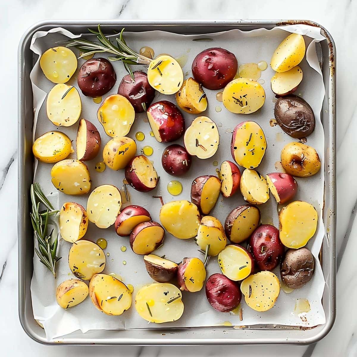 Raw, Cut  Potatoes on a Parchment-Lined Baking Tray with Rosemary Springs