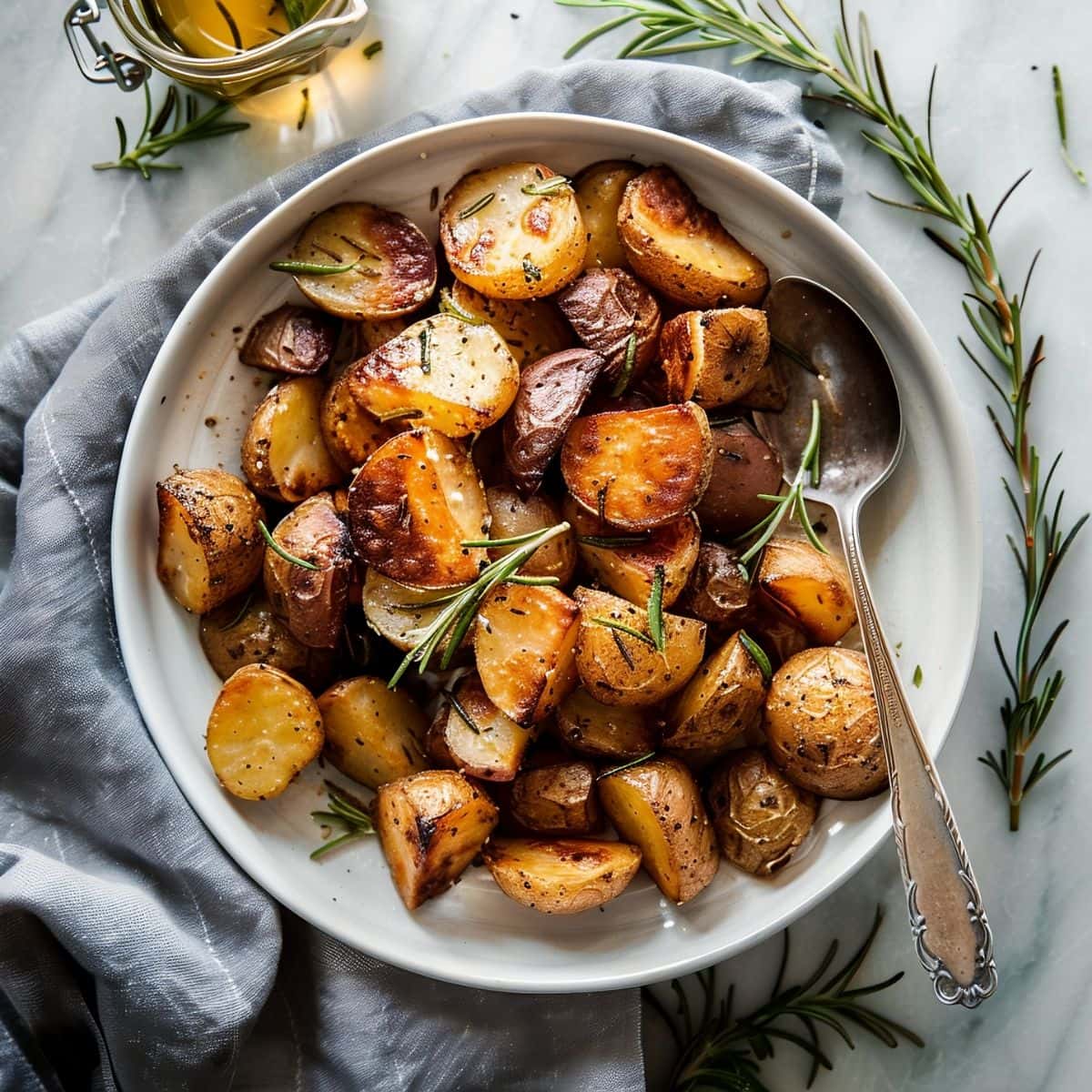 Top View of Roasted Rosemary Potatoes on a White Plate with A Spoon and Sprigs of Rosemary on a White Marble Table