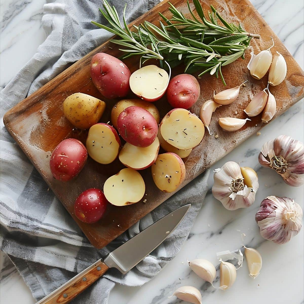 Potatoes on a Wooden Cutting Board with Garlic and Rosemary on a White Marble Table