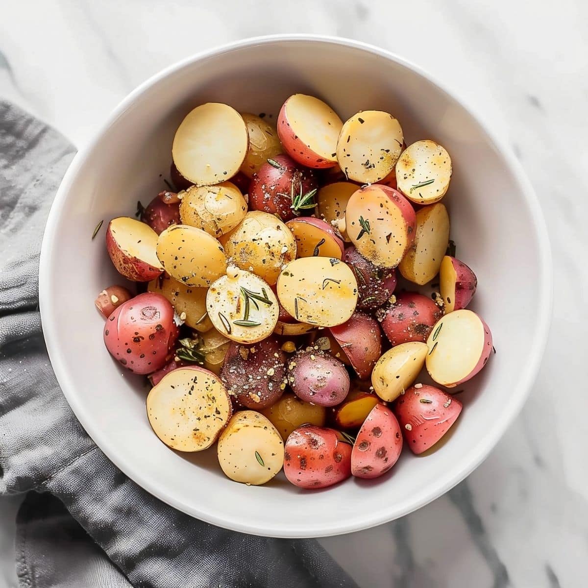 Seasoned Raw Potatoes in a White Bowl on a White Marble Table