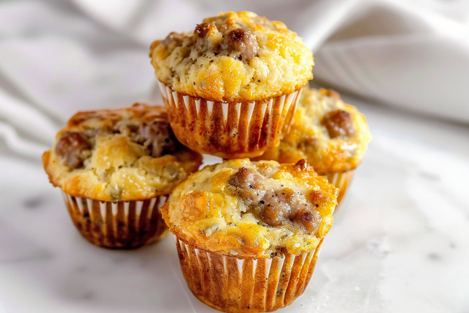 Homemade breakfast sausage muffins in a white marble table